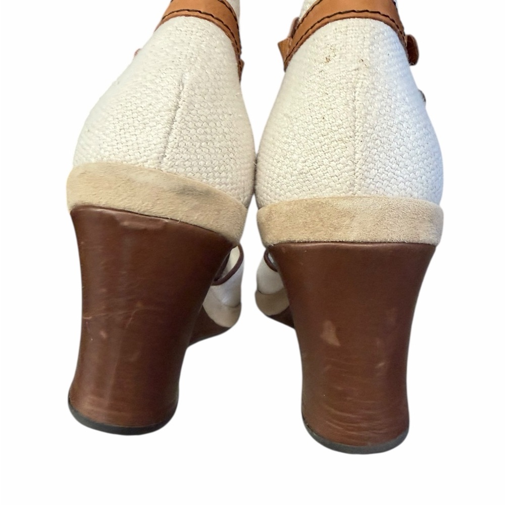 Taryn Rose Tan Leather/Cream Textured Fabric Wedge Sandals 8.5 Made in Italy - Picture 9 of 10